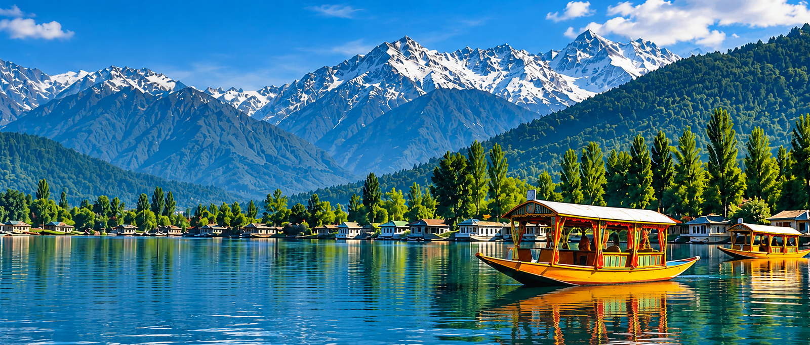 Kashmir lake with shikara boats and Himalayan mountains